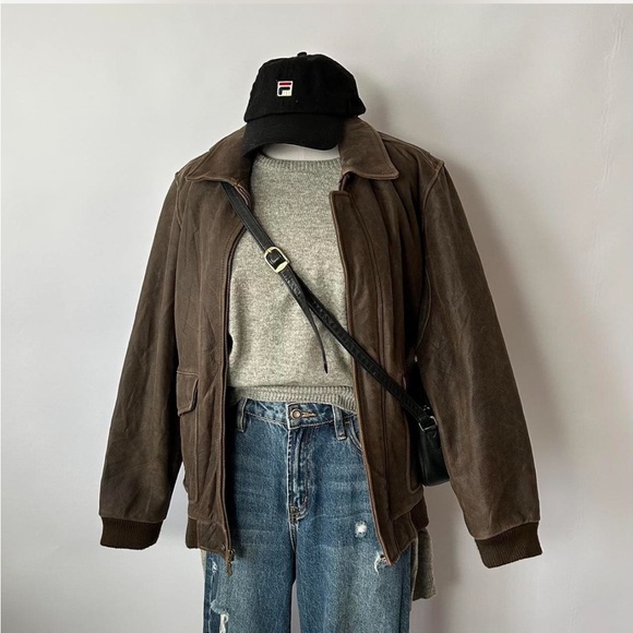 Vintage 1990s Class Club Distressed Leather Streetwear Bomber Jacket Brown. - Picture 3 of 8